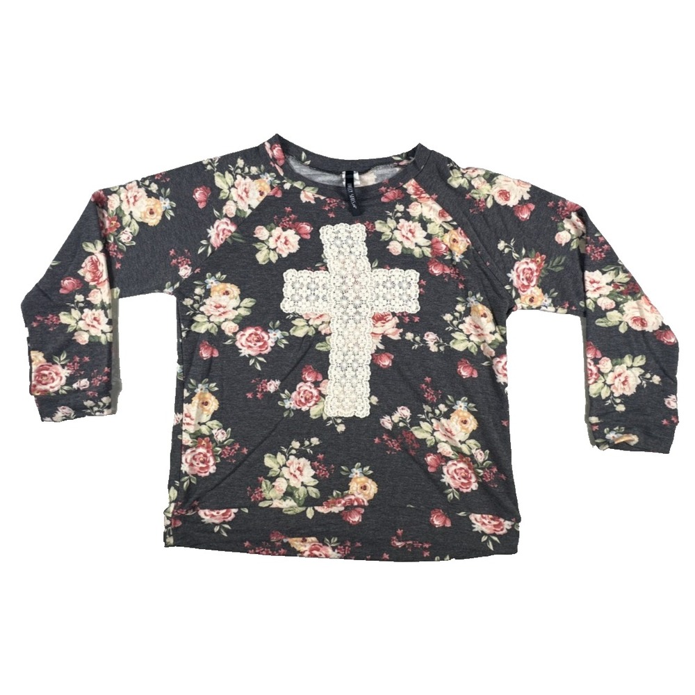 Lovely Souls Lace Cross & Floral Print Women's Long Sleeve Shirt‎ Size XL